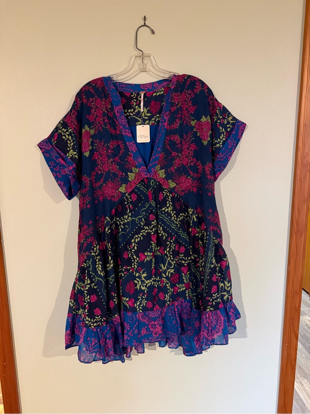 Free People Printed Agnes Ruffled Blue Multicolor Mini Dress